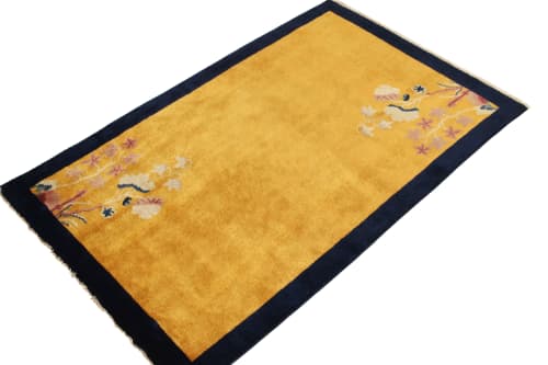 Vintage Chinese Deco style rug in Gold, Navy Border, Bright | Area Rug in Rugs by Rug and Kilim
