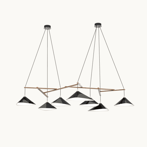 Emily Group of Seven Pendant Light – Black High Gloss | Chandeliers by MOSS Objects. Item composed of oak wood and steel in contemporary or modern style