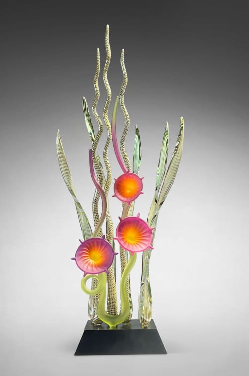 Dancing in the Sea of Coral, Magenta | Sculptures by Warner Whitfield Designs,  Glass art sculpture. Item composed of wood and glass in contemporary or coastal style