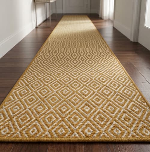 Handwoven Woolen Yellow Runner Rug | Rugs by Evergreen Carpets. Item made of wool works with boho & minimalism style