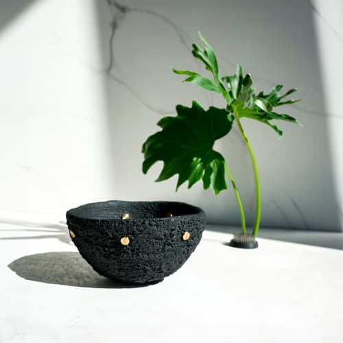 Large Treasure Bowl in Textured Black Concrete with Rivets | Decorative Bowl in Decorative Objects by Carolyn Powers Designs. Item composed of brass and concrete in minimalism or contemporary style