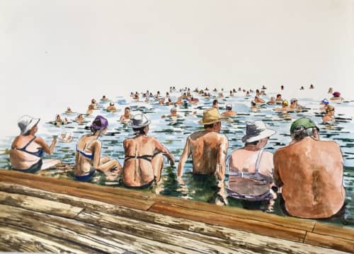 Untitled, Bathers, 2019 | Oil And Acrylic Painting in Paintings by Arran Harvey | San Francisco in San Francisco. Item made of paper with synthetic