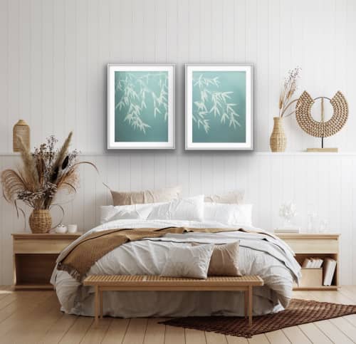 Celadon Bamboo Diptych (Two 18 x 24" originals on paper) | Photography by Christine So. Item composed of paper in boho or japandi style