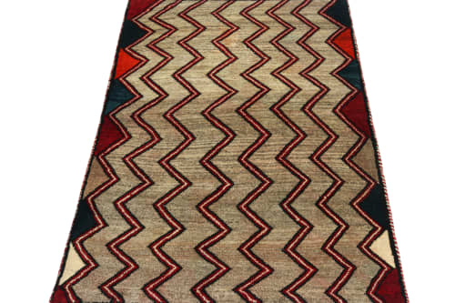 Vintage Gabbeh Tribal Rug in Beige-Brown and Red Chevron | Area Rug in Rugs by Rug and Kilim