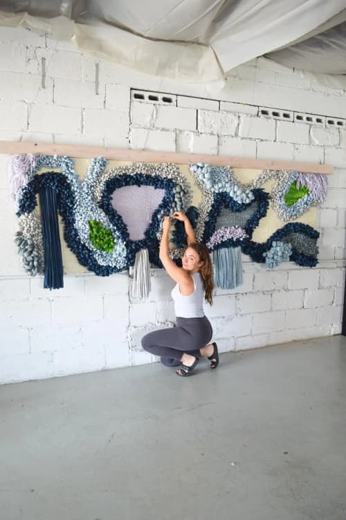 Large Abstract Macrame Art with Navy, Slate & Moss Accents | Tapestry in Wall Hangings by Camille McMurry. Item composed of wood & wool compatible with boho and contemporary style