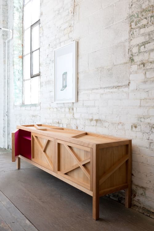 Inside-Out Largo Sideboard Birch Cabinet with Pink Lacquer | Storage by Sergio Mannino Studio. Item made of wood