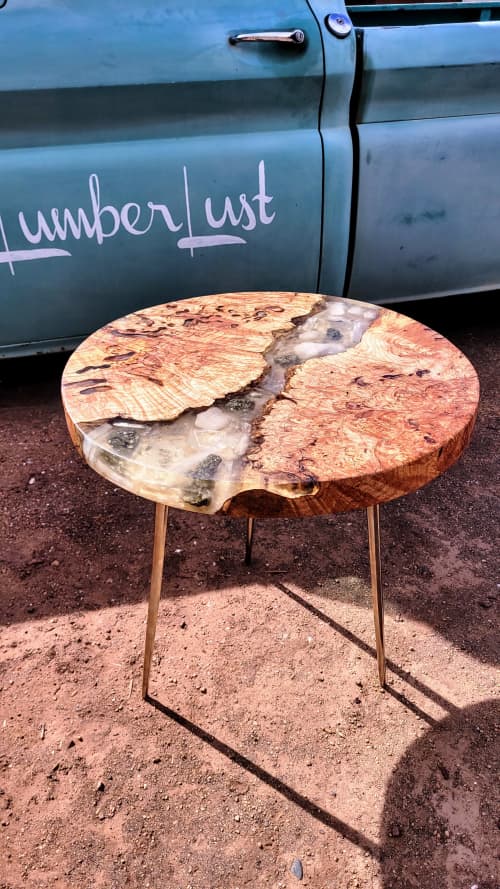 Maple Burl+Selenite, Quartz, Pyrite Resin Cocktail Table | End Table in Tables by Lumberlust Designs. Item compatible with boho and eclectic & maximalism style