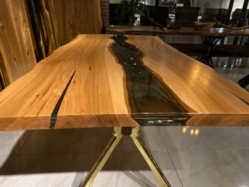 Custom Green And Brown Epoxy Table - Ash Wood | Dinnerware by Gül Natural Furniture. Item made of wood compatible with minimalism and modern style