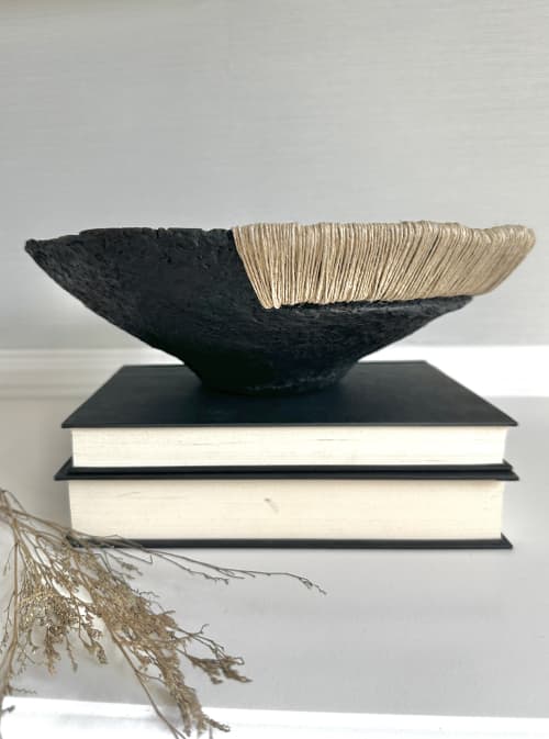 Oh Michael Rustic Wide Black Decorative Bowl Paper Mache | Decorative Objects by TM Olson Collection. Item composed of paper in minimalism or mid century modern style