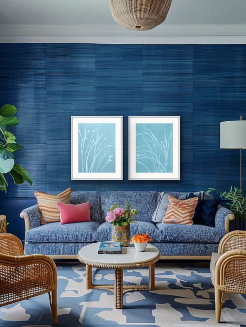 Iris in the Mist Diptych (two 24 x 18" gray cyanotypes) | Photography by Christine So. Item composed of paper in boho or contemporary style
