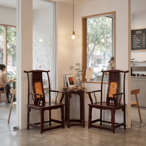 Heritage Luxury Ming Yokeback Armchair & Table Trio Art Set | Chairs by Dynasty Artisan. Item made of wood works with contemporary & eclectic & maximalism style