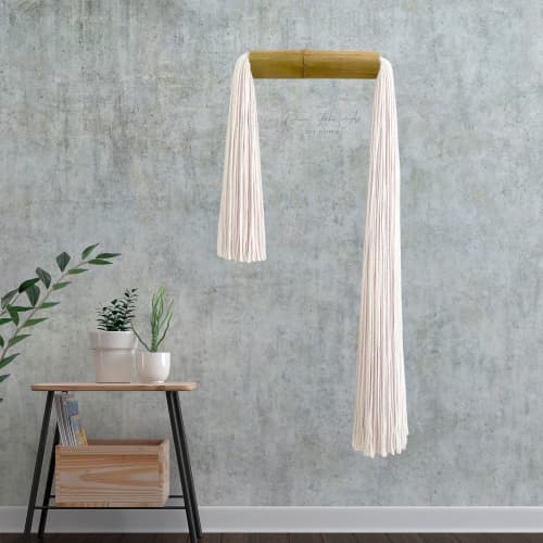 White tassels / Bamboo Collection | Wall Sculpture in Wall Hangings by Olivia Fiber Art. Item made of bamboo with wool works with minimalism & mid century modern style