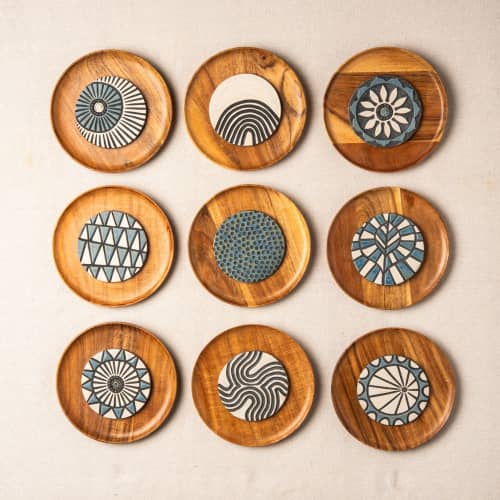 Stoneware Ceramic and Acacia Wood Wall Sculpture | Wall Hangings by Clare and Romy Studio. Item made of stoneware works with boho & eclectic & maximalism style