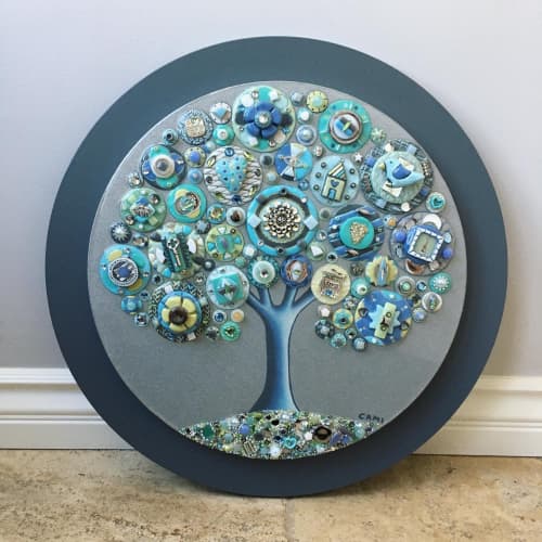 Tree of Love - "Coastal Vision" | Mixed Media by Cami Levin. Item composed of wood & stone compatible with contemporary and eclectic & maximalism style