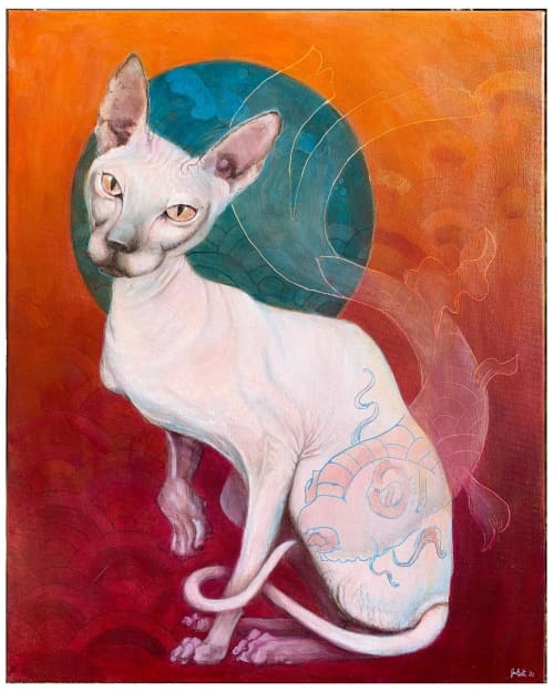 Cat with a koi tatoo | Paintings by Jami Butler