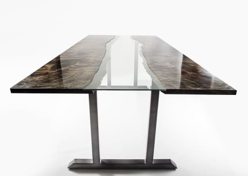 Ebonized Maple Bookmatched River Style Modern Dining Table | Tables by Lumberlust Designs. Item made of maple wood with steel