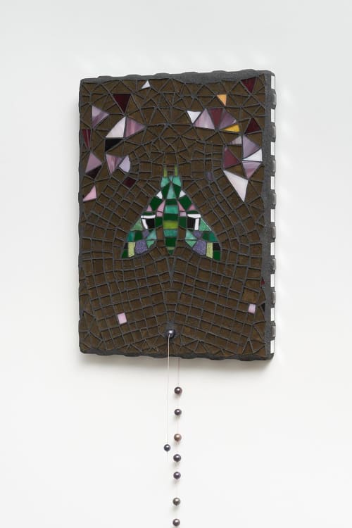 Custom glass mosaic panel with additional accents | Art & Wall Decor by Permanent Flower Studio. Item composed of wood and ceramic