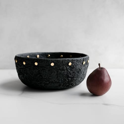 Centerpiece Bowl in Carbon Black Concrete with Brass Rivets | Decorative Bowl in Decorative Objects by Carolyn Powers Designs. Item made of brass with concrete works with minimalism & contemporary style