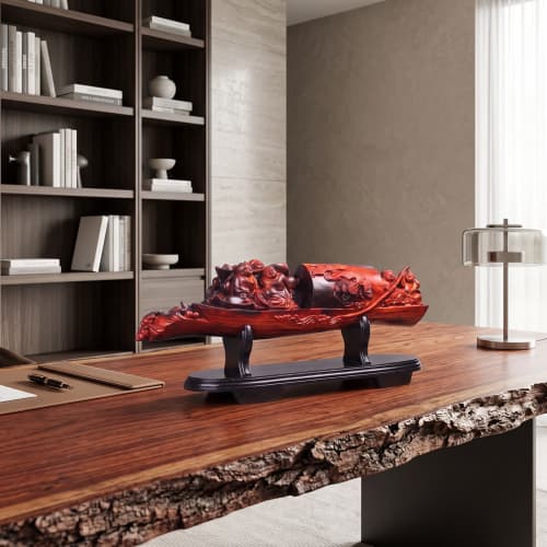 Imperial Wood 5 Children Wealth Ship Feng Shui Decor Art | Sculptures by Dynasty Artisan. Item made of wood works with contemporary & eclectic & maximalism style