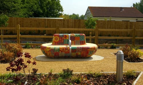 Admiral Court Patchwork Mosaic Bench | Public Mosaics by Paul Siggins - The Mosaic Studio | Admiral Court Care Home - Hallmark Care Homes in Southend-on-Sea. Item made of ceramic