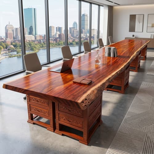 Bespoke Live Edge Tang Single Slab Executive Desk & Table IV | Communal Table in Tables by Dynasty Artisan. Item made of wood works with minimalism & contemporary style