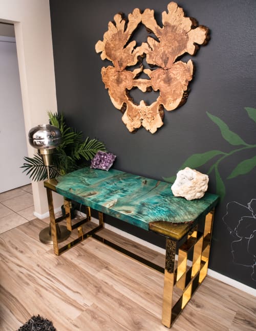 Teal Maple Burl + Gold Brass Executive Lux Desk 24x50 | Tables by Lumberlust Designs | Arcadia in Phoenix. Item made of wood