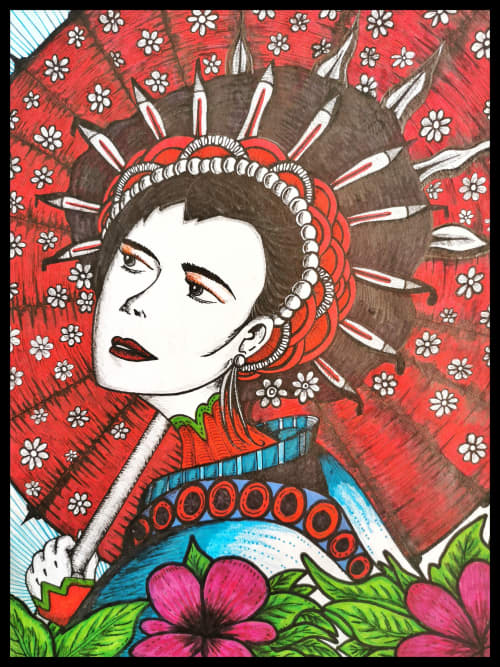 Modern Geisha | Oil And Acrylic Painting in Paintings by CHRISTIAN HERNANDEZ. Item made of synthetic