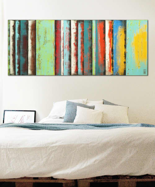 Original Yellow Panels | Oil And Acrylic Painting in Paintings by Ronald Hunter | Roxier Art Gallery in Rotterdam. Item composed of wood and canvas in modern style