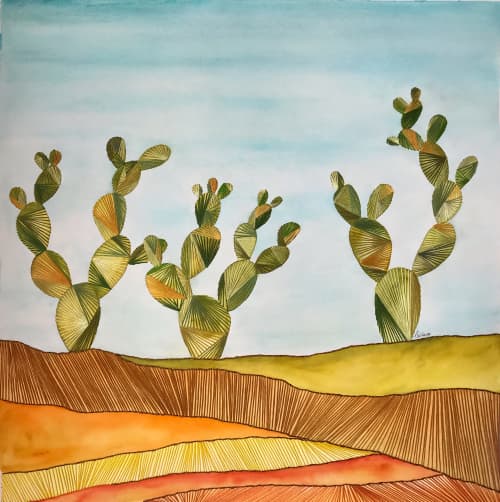 La Nopalera- Hand-embroidered watercolor | Watercolor Painting in Paintings by Laila Vazquez. Item made of cotton with paper works with boho & contemporary style