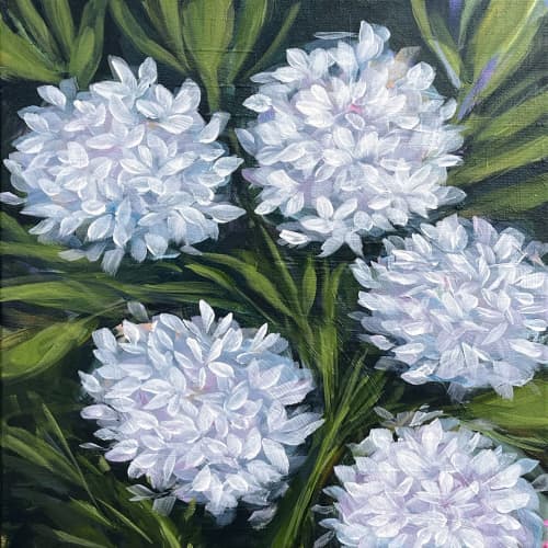 Night Sentinels - White Hydrangeas | Oil And Acrylic Painting in Paintings by Filomena Booth Fine Art. Item made of canvas works with contemporary style