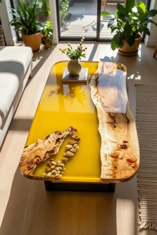 Handcrafted Yellow Epoxy River Coffee Table | Live Edge Wood | Tables by SK EPOXY CRAFT. Item composed of birch wood in japandi or eclectic & maximalism style