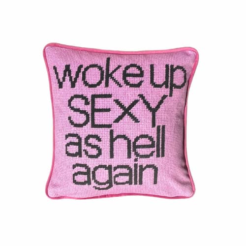 velvet WOKE UP SEXY AS HELL AGAIN feather down pillow | Pillows by Mommani Threads | Office Building, Miami, FL in Miami. Item made of fabric works with contemporary style