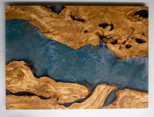 Olive Wood and Blue Epoxy Wall Hanging | Wall Sculpture in Wall Hangings by Adrian Vogel. Item made of wood & synthetic