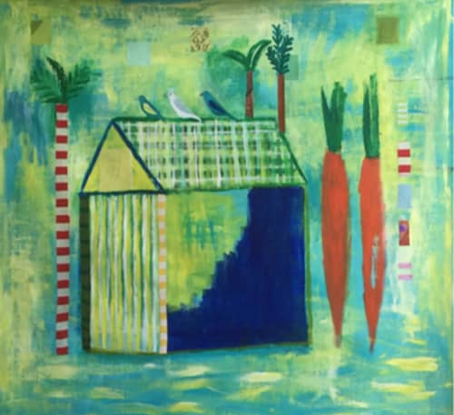 Edible Schoolyard: 3 Birds, 2 Carrots | Mixed Media by Pam (Pamela) Smilow. Item composed of canvas