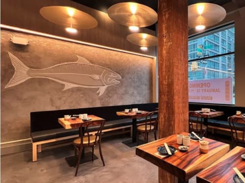 Wall glaze treatment and fish graphic for Suram NYC by Elliott Mattice