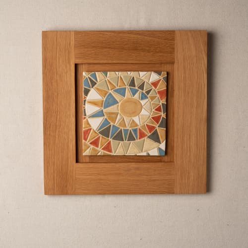 Desert Sun in White Oak Frame - No. 1 | Mosaic in Art & Wall Decor by Clare and Romy Studio. Item composed of oak wood and ceramic in boho or mid century modern style