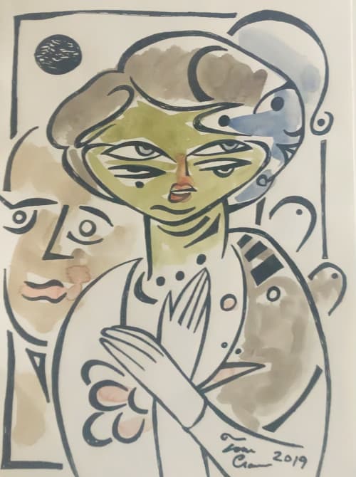 india ink and watercolor on paper  'anxious pair' | Watercolor Painting in Paintings by Tom Cramer. Item composed of paper