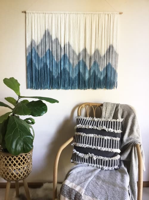 SIERRA TEAL Custom Dyed Wall Tapestry Mountain Landscape | Macrame Wall Hanging in Wall Hangings by Wallflowers Hanging Art. Item composed of oak wood and wool in boho or mid century modern style