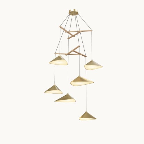 Emily V6 Pendant Light – Gold Semi-Matte | Chandeliers by MOSS Objects. Item made of oak wood with steel works with contemporary & modern style