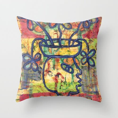 Square Pillow Woman with Vessel | Pillows by Pam (Pamela) Smilow. Item made of fabric
