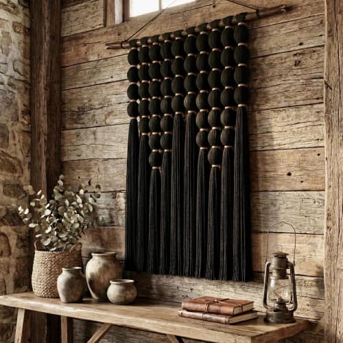 Boho black woven wall hanging large wall weaving tapestry | Wall Hangings by Sarmal Design. Item composed of cotton & fiber compatible with boho and country & farmhouse style