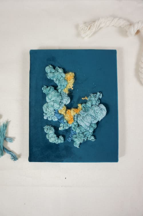 Blue and yellow corals II | Embroidery in Wall Hangings by Mariana Baertl. Item made of canvas works with boho & coastal style