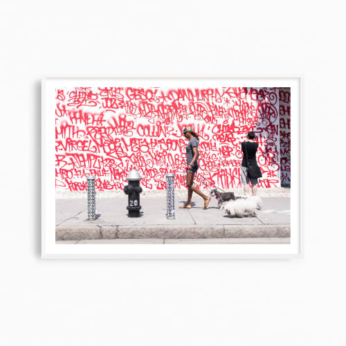 Colorful New York City street photograph, 'Lady Walks Dogs' | Photography by PappasBland. Item composed of paper in contemporary or urban style
