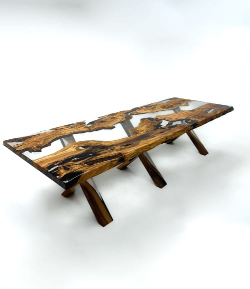 Olive Wood Epoxy Resin Live Edge Dining Table, Kitchen Table | Tables by Tinella Collection. Item composed of wood and metal in contemporary or coastal style