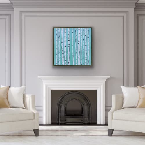 Teal Birches, 24 x 24, Abstract Tree Art | Mixed Media by Jeanne Player Fine Art. Item made of canvas with fiber works with minimalism & mid century modern style