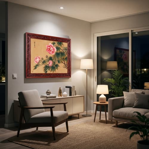Hand-Painted Gongbi Peony Silk Classical Botanical Wall Art | Oil And Acrylic Painting in Paintings by Dynasty Artisan. Item composed of wood and fabric in contemporary or eclectic & maximalism style