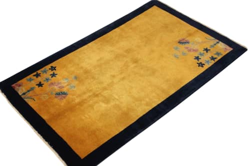 Vintage Chinese Deco style rug in Gold, Deep Blue Border | Area Rug in Rugs by Rug and Kilim