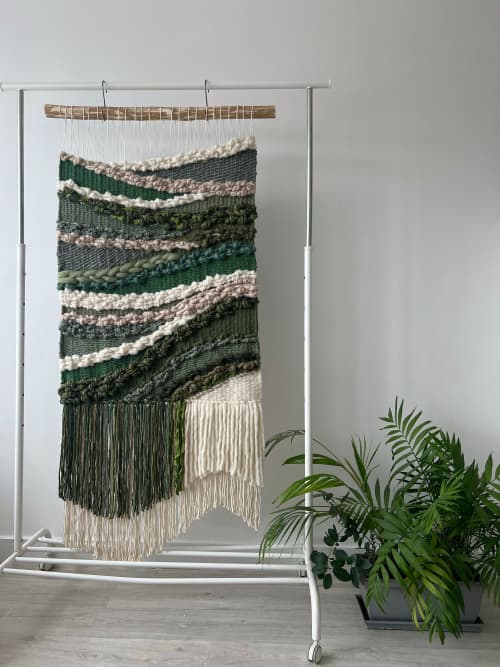 Long Wool Tapestry | Fiber Art "Serenity in Green" | Wall Hangings by Tissage Sauvage. Item made of wood & cotton compatible with boho and country & farmhouse style