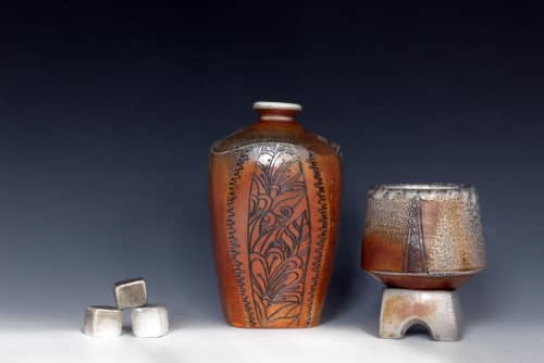Whiskey Set: Soda-fired bottles and rolling cup set | Bar Accessory in Drinkware by Denise Joyal - Kilnjoy Ceramics. Item made of stoneware