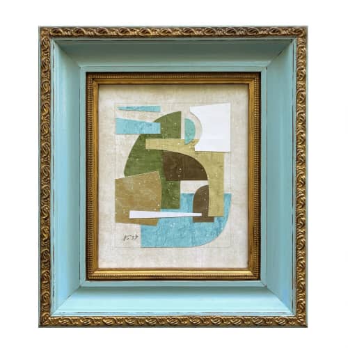 Contemporary Blue and Green Collage in Vintage Frame | Paintings by Suzanne Nicoll Studio. Item made of wood & paper compatible with minimalism and mid century modern style
